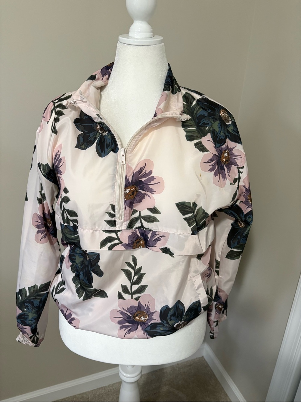 Thread & Supply Floral Half-Zip Bomber Jacket in Blush Pink and Navy